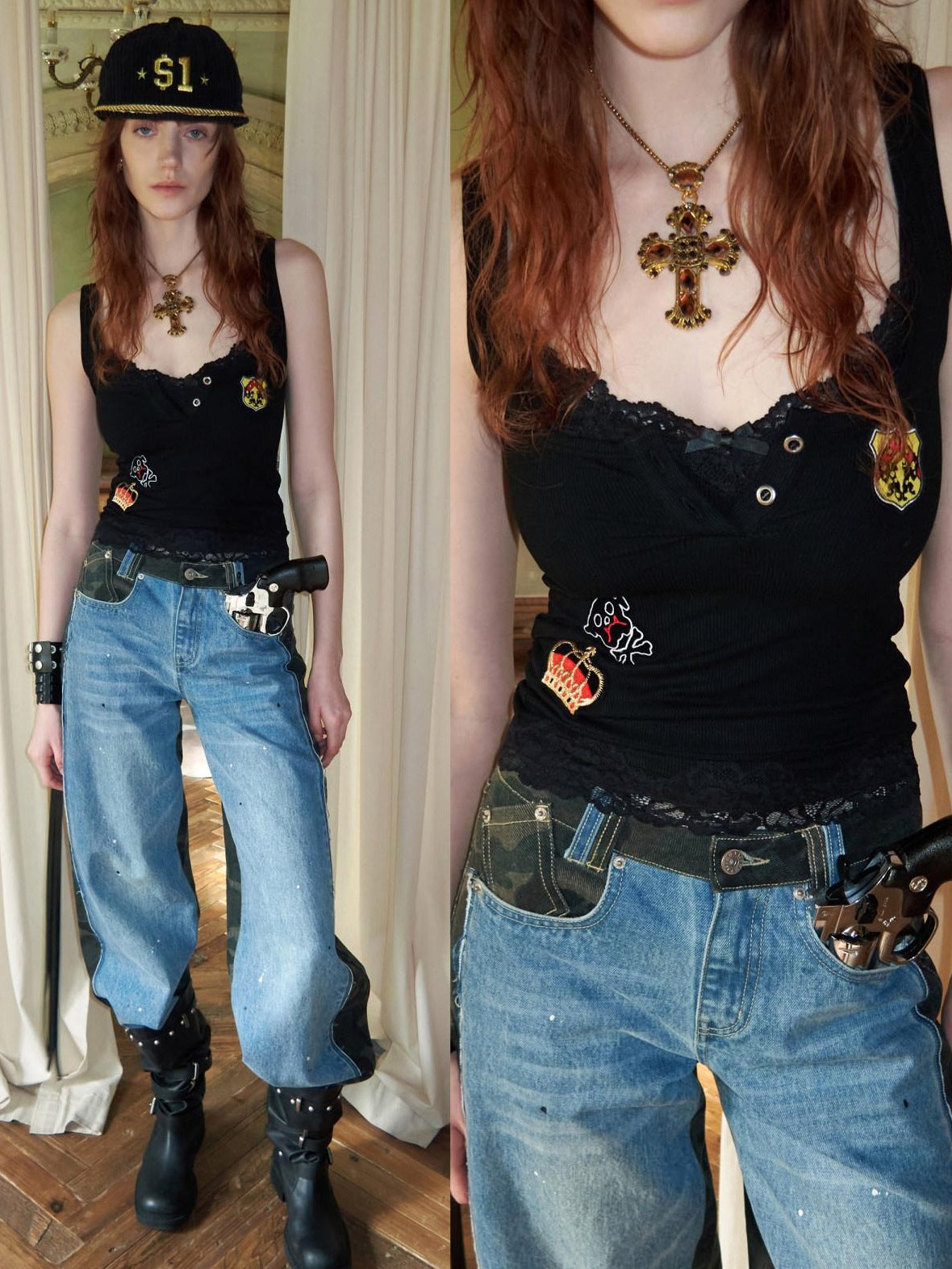 Camo Patchwork Low Rise Button Fly Casual Women Regenerated Wide Leg Jeans