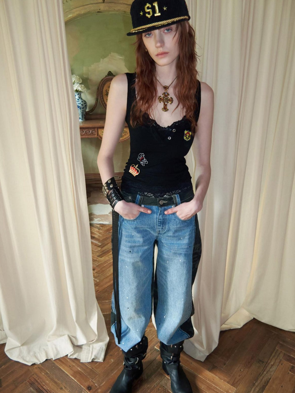 1JINN STUDIO Camo Patchwork Low Rise Button Fly Casual Women Regenerated Wide Leg Jeans