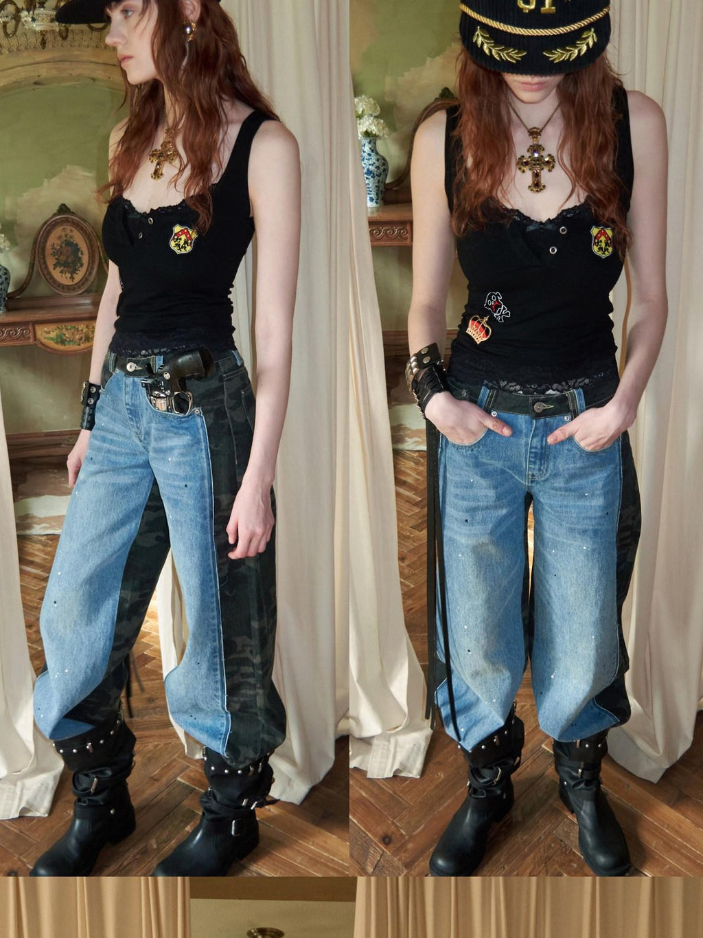 Camo Patchwork Low Rise Button Fly Casual Women Regenerated Wide Leg Jeans
