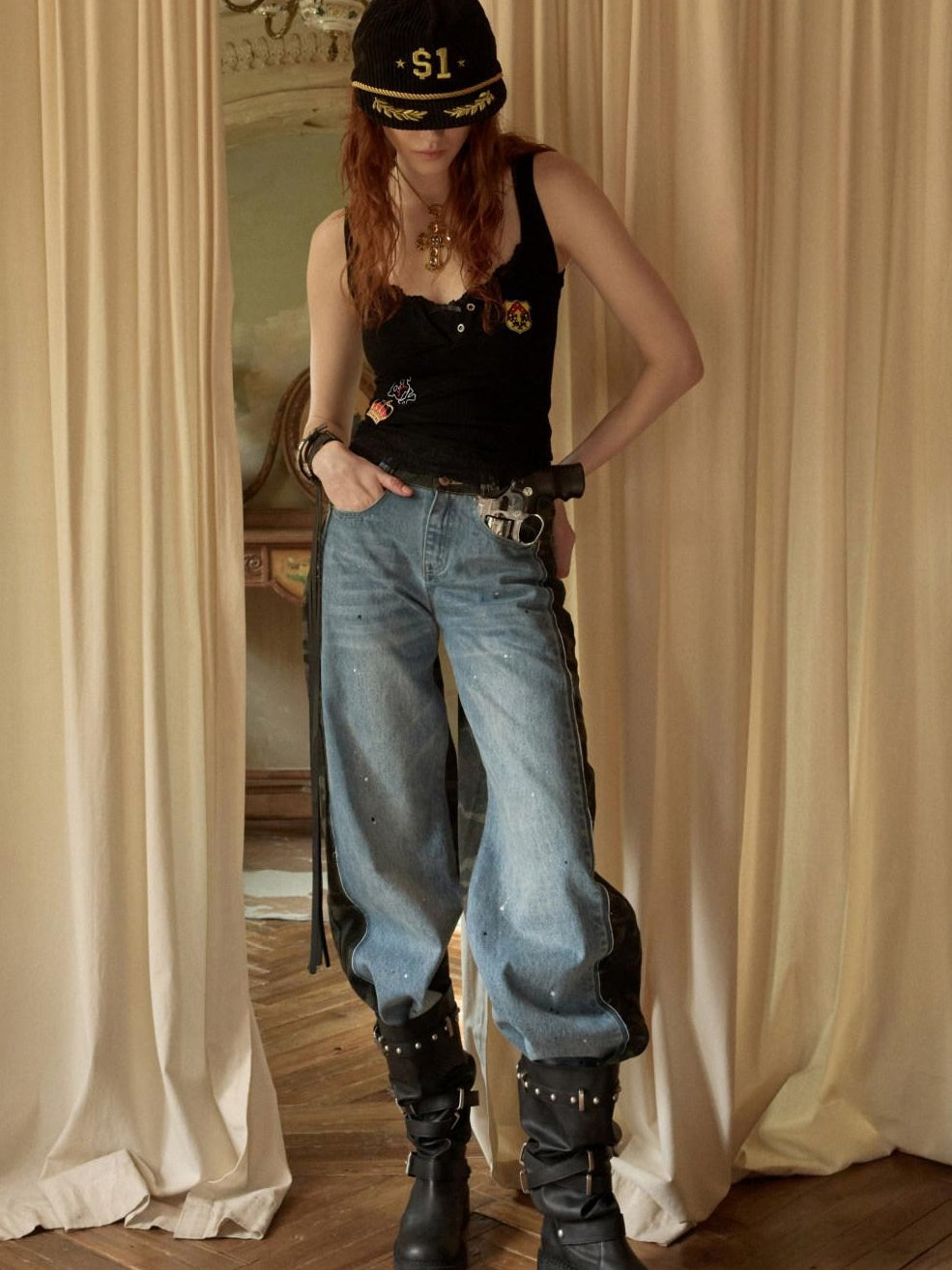 1JINN STUDIO Camo Patchwork Low Rise Button Fly Casual Women Regenerated Wide Leg Jeans