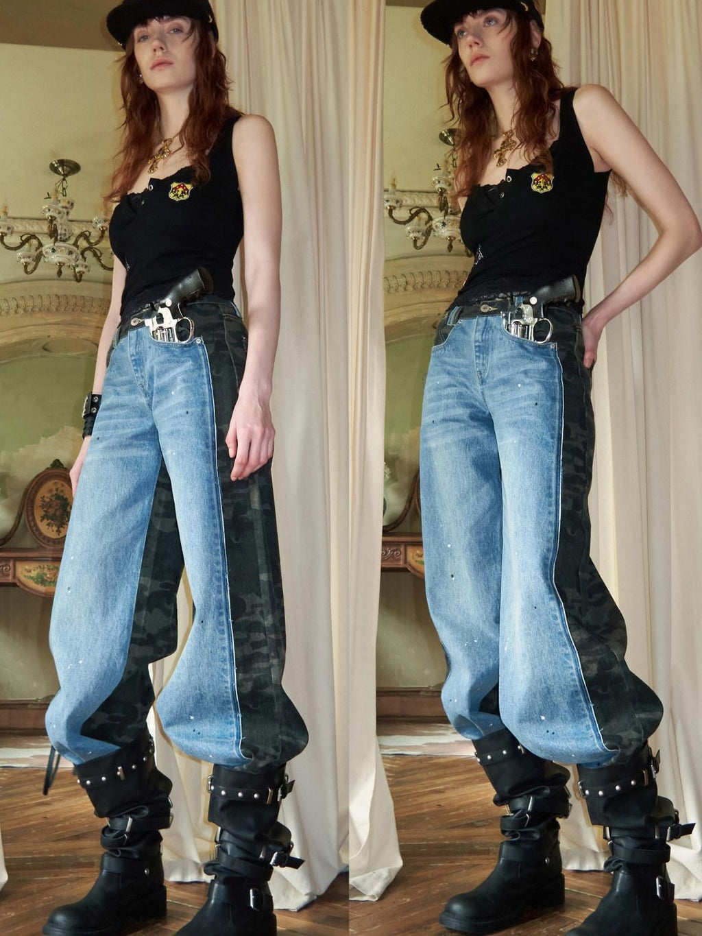 Camo Patchwork Low Rise Button Fly Casual Women Regenerated Wide Leg Jeans