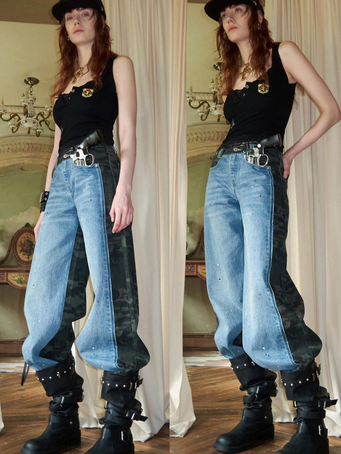 1JINN STUDIO Camo Patchwork Low Rise Button Fly Casual Women Regenerated Wide Leg Jeans