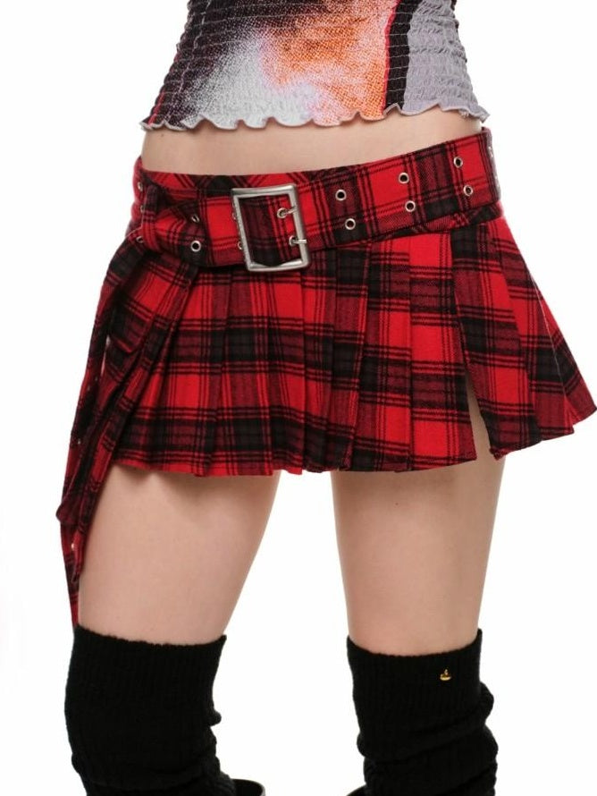 1JINN STUDIO Casual Plaid Low Waist Tie A Line Knit Wool Lined Pleated Skirts