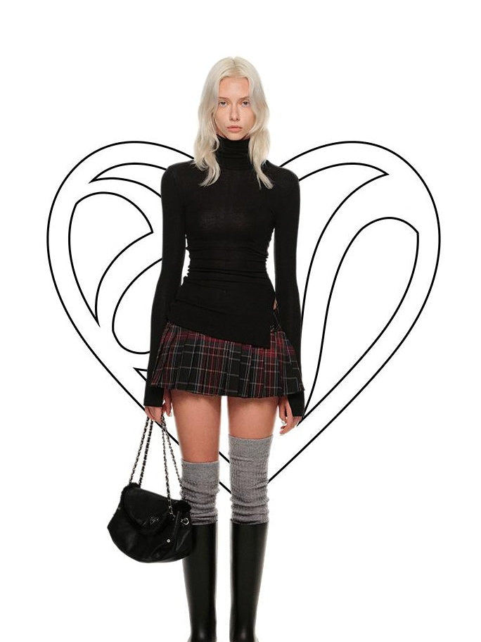 1JINN STUDIO Casual Plaid Low Waist Tie A Line Knit Wool Lined Pleated Skirts