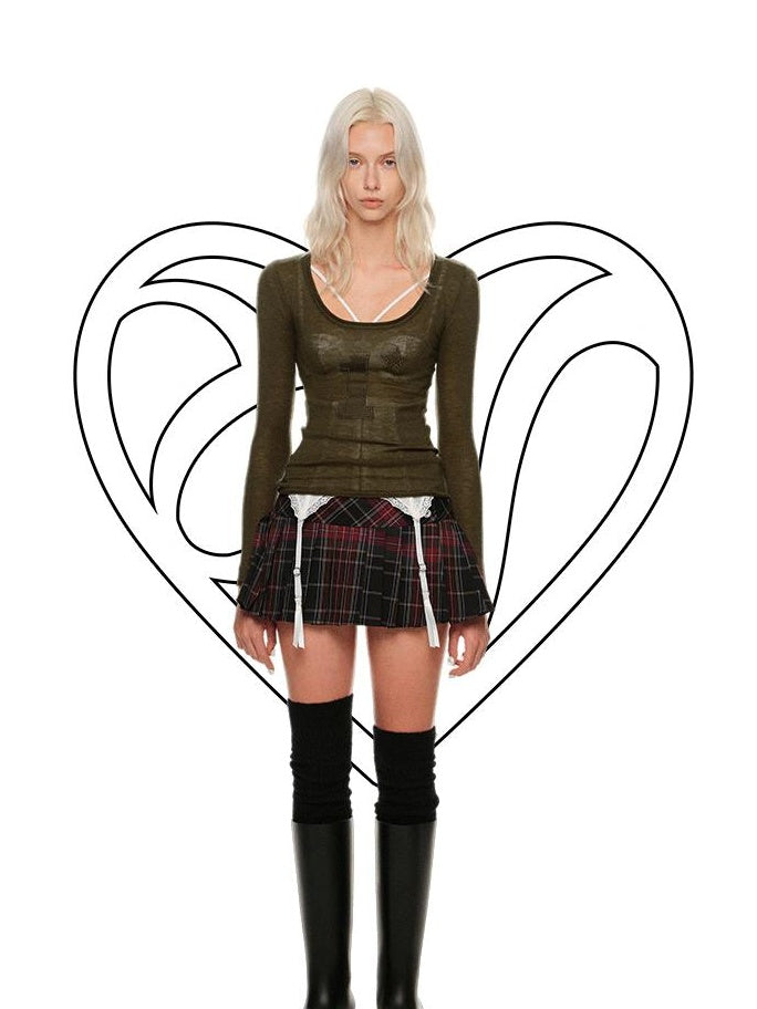 1JINN STUDIO Casual Plaid Low Waist Tie A Line Knit Wool Lined Pleated Skirts