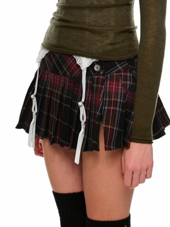 1JINN STUDIO Casual Plaid Low Waist Tie A Line Knit Wool Lined Pleated Skirts