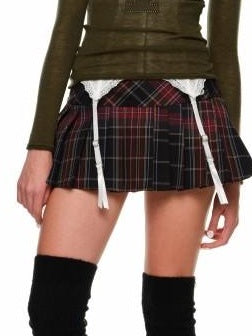 1JINN STUDIO Casual Plaid Low Waist Tie A Line Knit Wool Lined Pleated Skirts