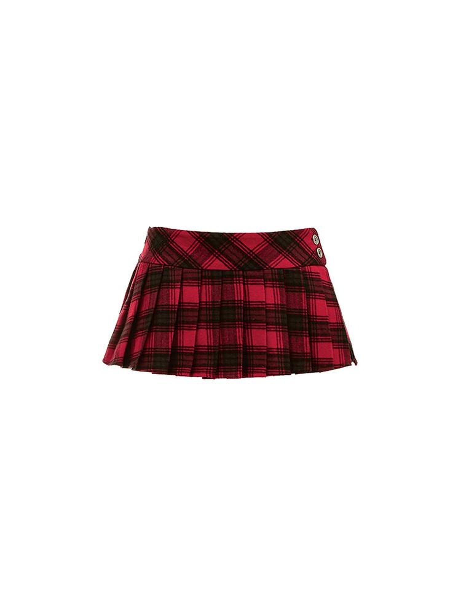 1JINN STUDIO Casual Plaid Low Waist Tie A Line Knit Wool Lined Pleated Skirts