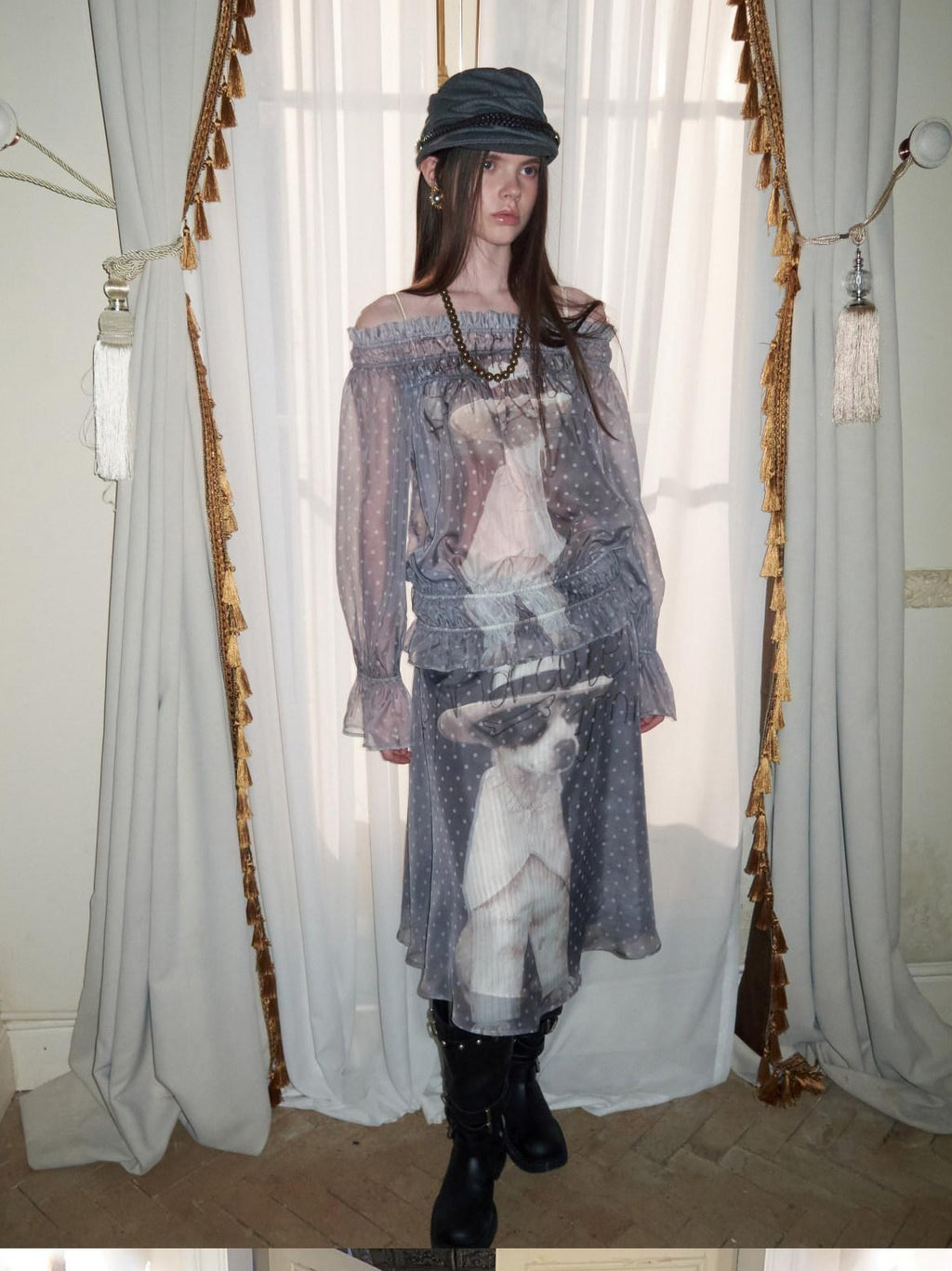 1JINN STUDIO Chiffon Printed Vintage Loose One Shoulder Women Mid Length Long Sleeve T-Shirts