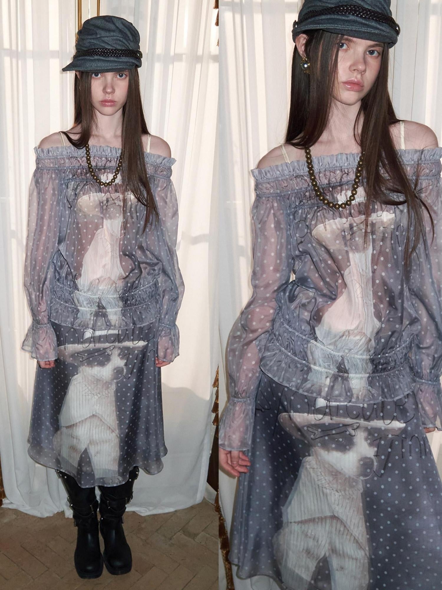 1JINN STUDIO Chiffon Printed Vintage Loose One Shoulder Women Mid Length Long Sleeve T-Shirts