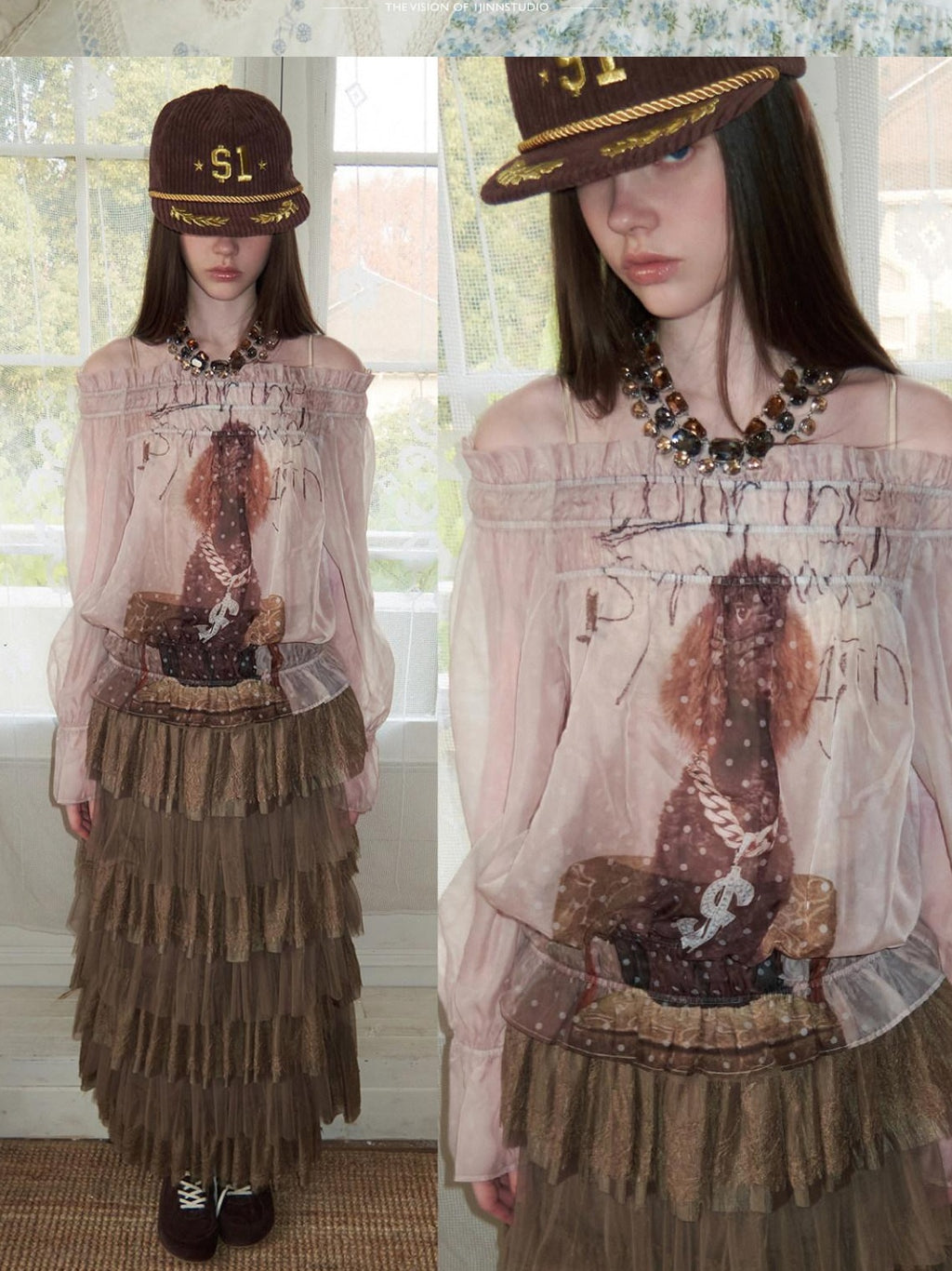 1JINN STUDIO Chiffon Printed Vintage Loose One Shoulder Women Mid Length Long Sleeve T-Shirts