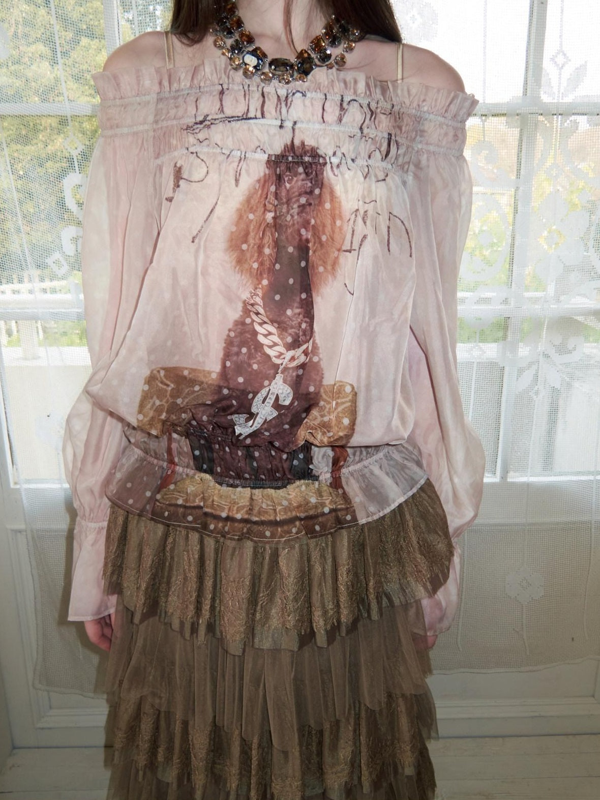 1JINN STUDIO Chiffon Printed Vintage Loose One Shoulder Women Mid Length Long Sleeve T-Shirts