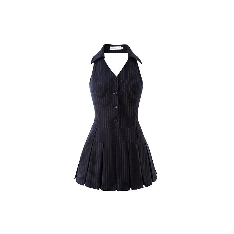 1JINN_STUDIO_Cinched_Waist_Halter_V-neck_Sleeveless_A_Line_Navy_Work_Mini_Dresses_MISSTT