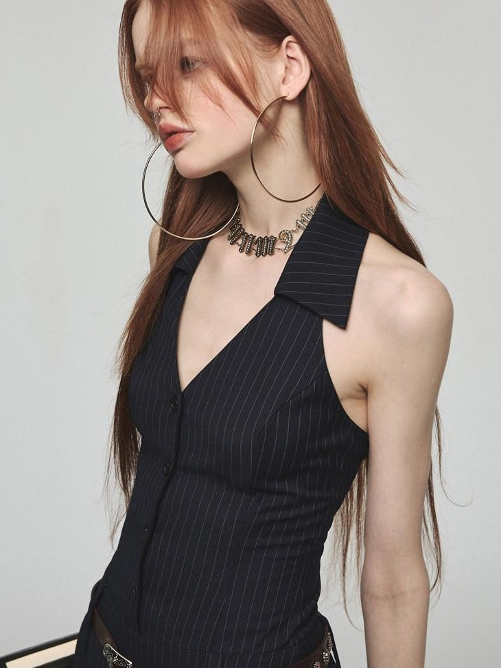 1JINN STUDIO Cinched Waist Halter V-neck Sleeveless A Line Navy Work Mini Dresses