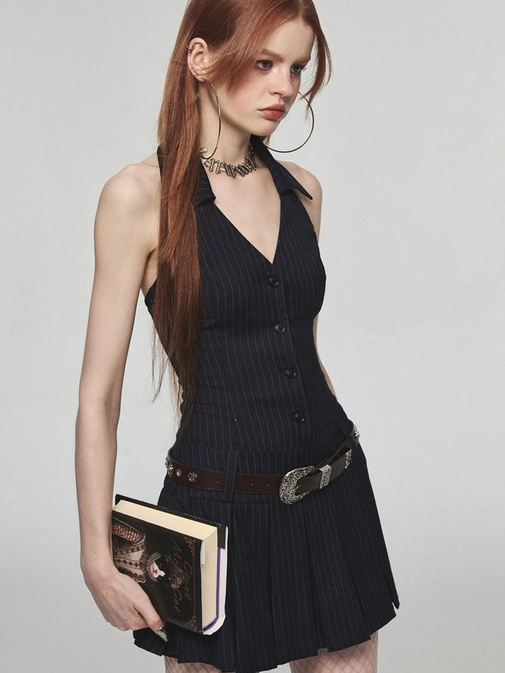 1JINN STUDIO Cinched Waist Halter V-neck Sleeveless A Line Navy Work Mini Dresses