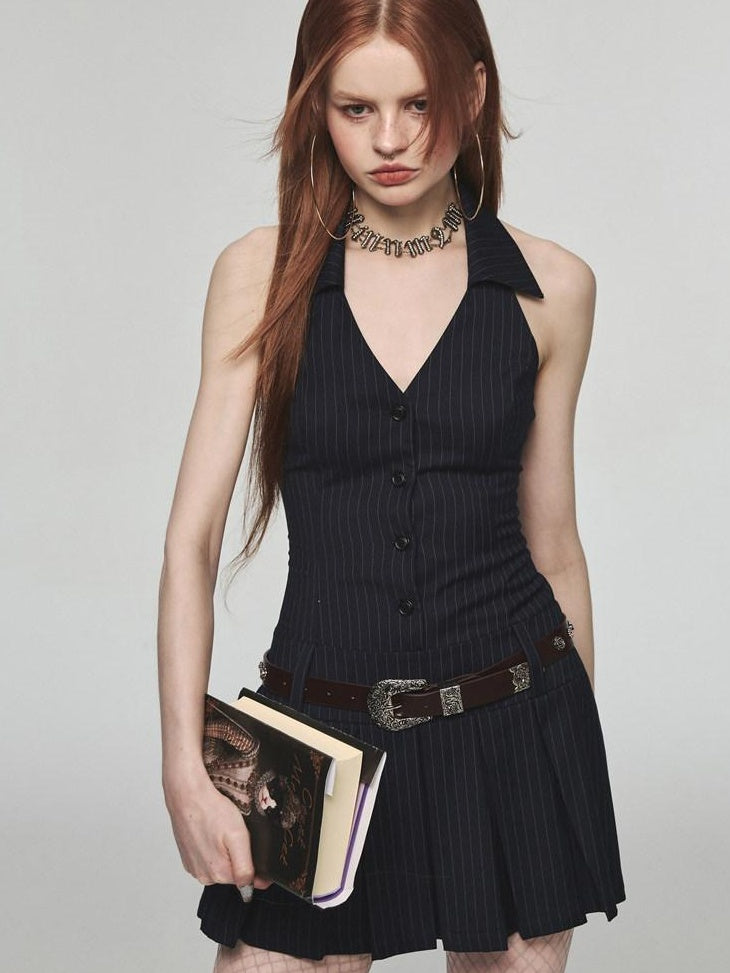 1JINN STUDIO Cinched Waist Halter V-neck Sleeveless A Line Navy Work Mini Dresses