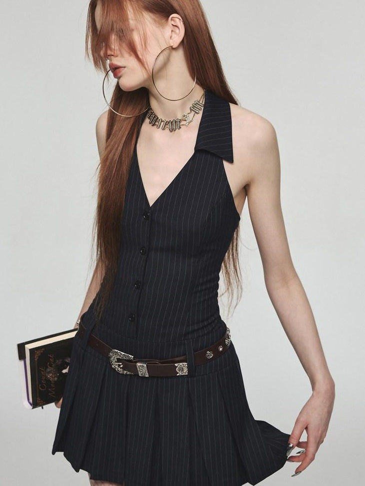 1JINN STUDIO Cinched Waist Halter V-neck Sleeveless A Line Navy Work Mini Dresses