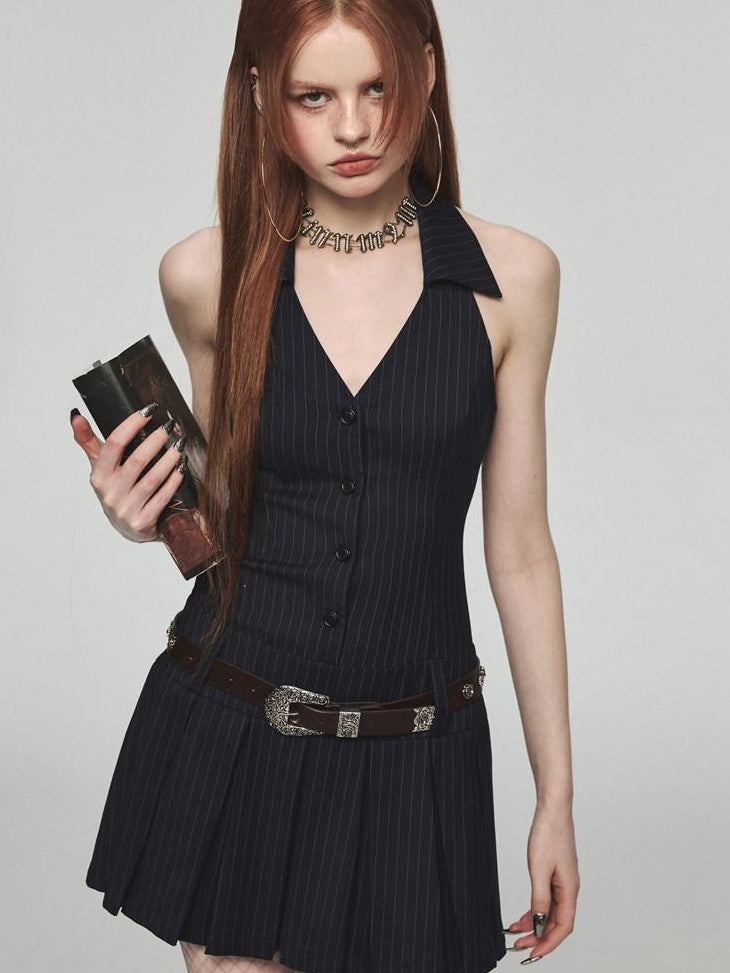 1JINN STUDIO Cinched Waist Halter V-neck Sleeveless A Line Navy Work Mini Dresses