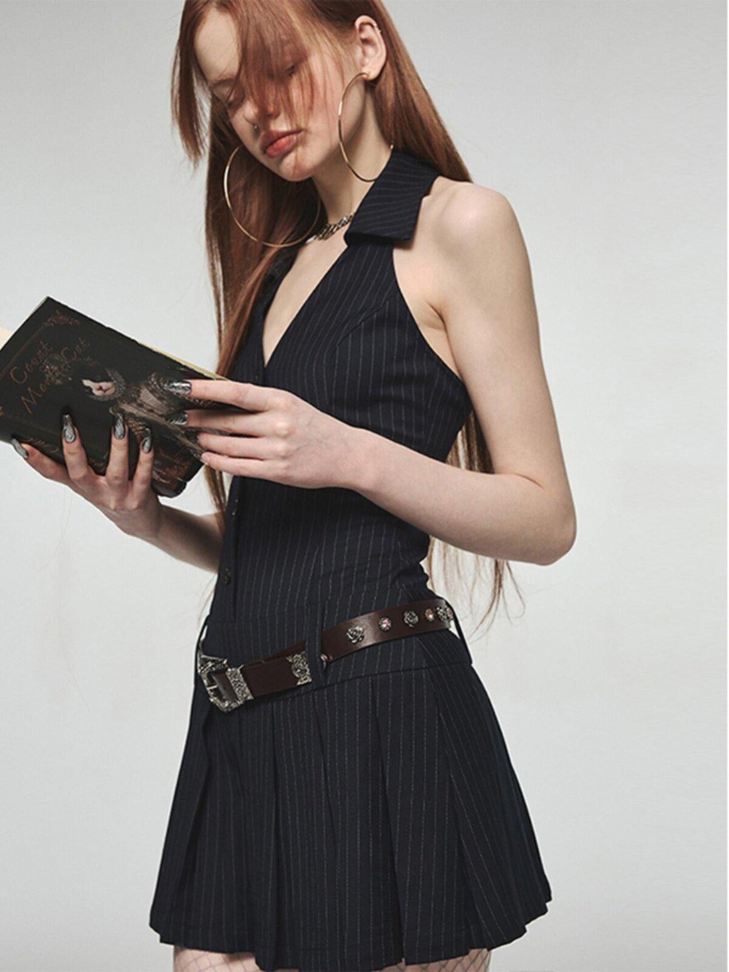 1JINN STUDIO Cinched Waist Halter V-neck Sleeveless A Line Navy Work Mini Dresses