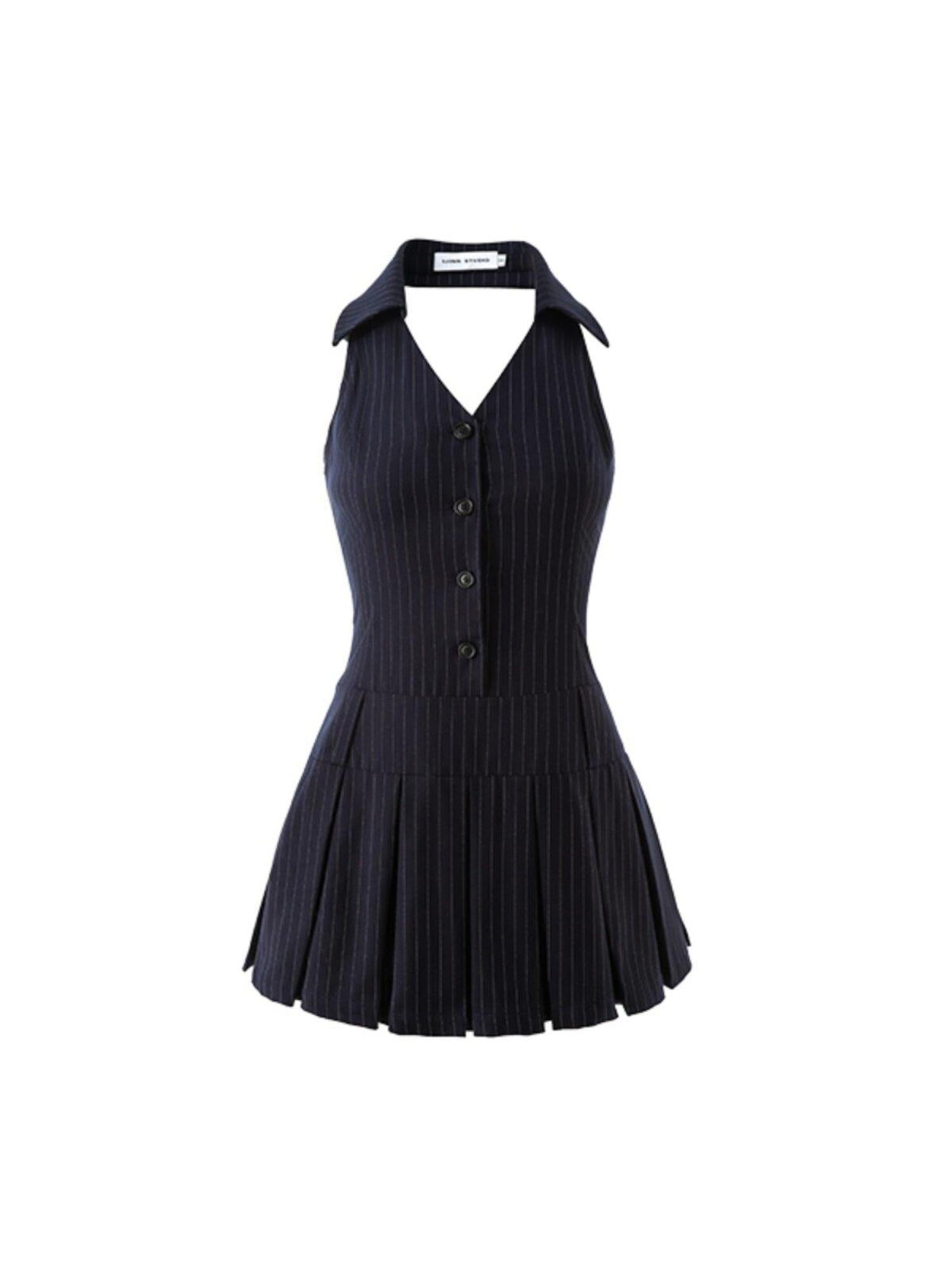 1JINN STUDIO Cinched Waist Halter V-neck Sleeveless A Line Navy Work Mini Dresses