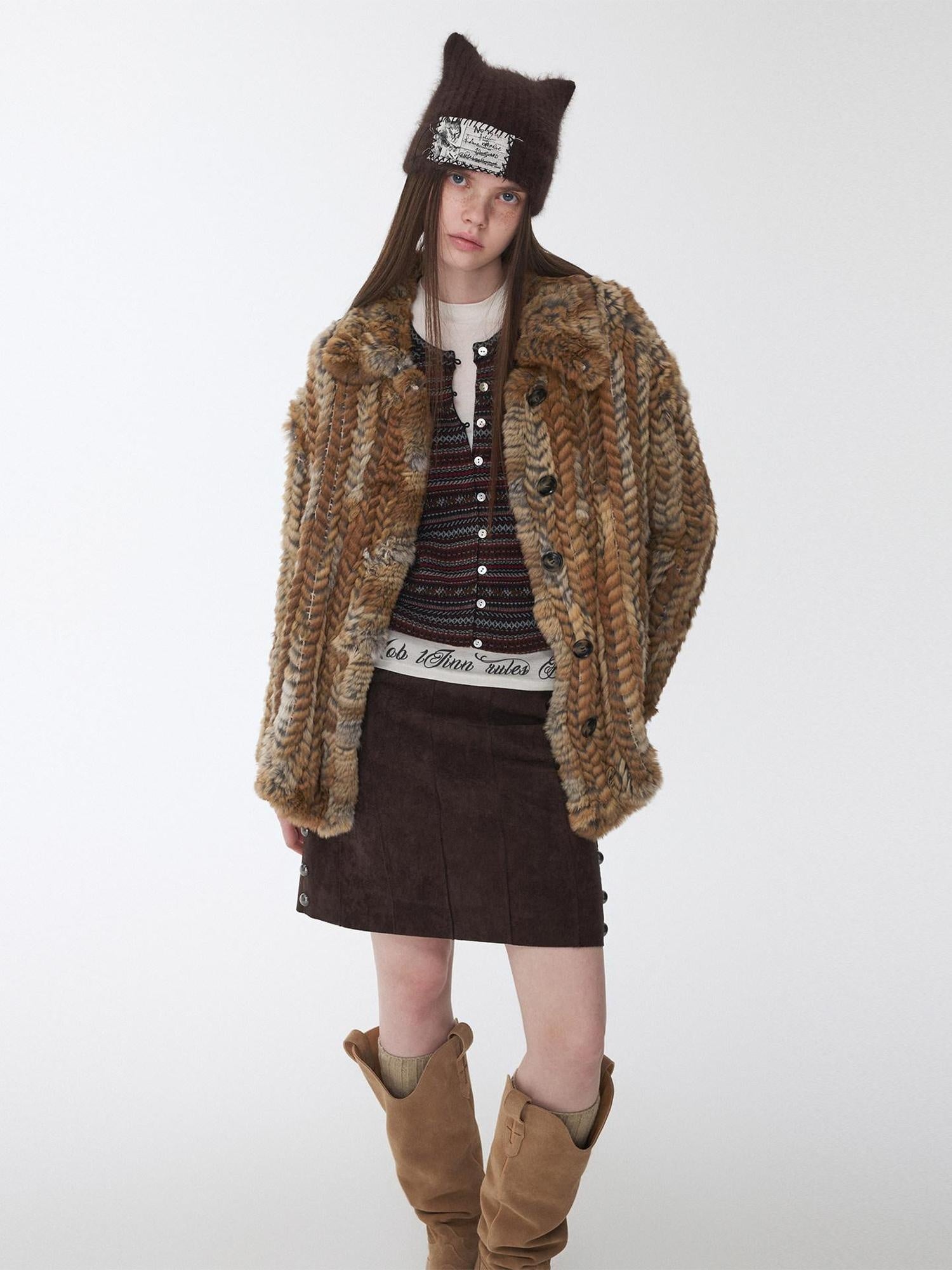 1JINN STUDIO Colorblock Woven Mid Length Round Neck American Women Outerwear Faux Fur Coats