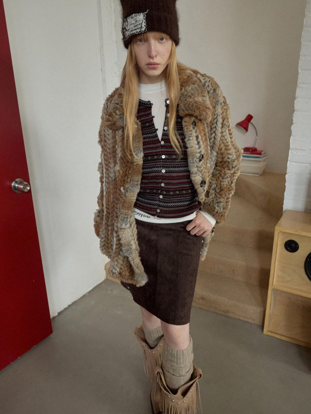 1JINN STUDIO Colorblock Woven Mid Length Round Neck American Women Outerwear Faux Fur Coats