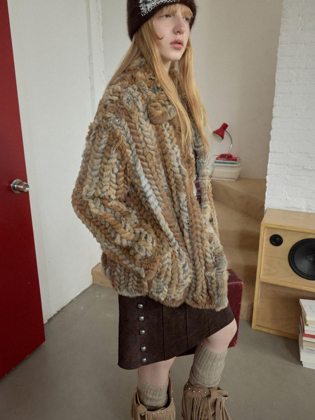1JINN STUDIO Colorblock Woven Mid Length Round Neck American Women Outerwear Faux Fur Coats