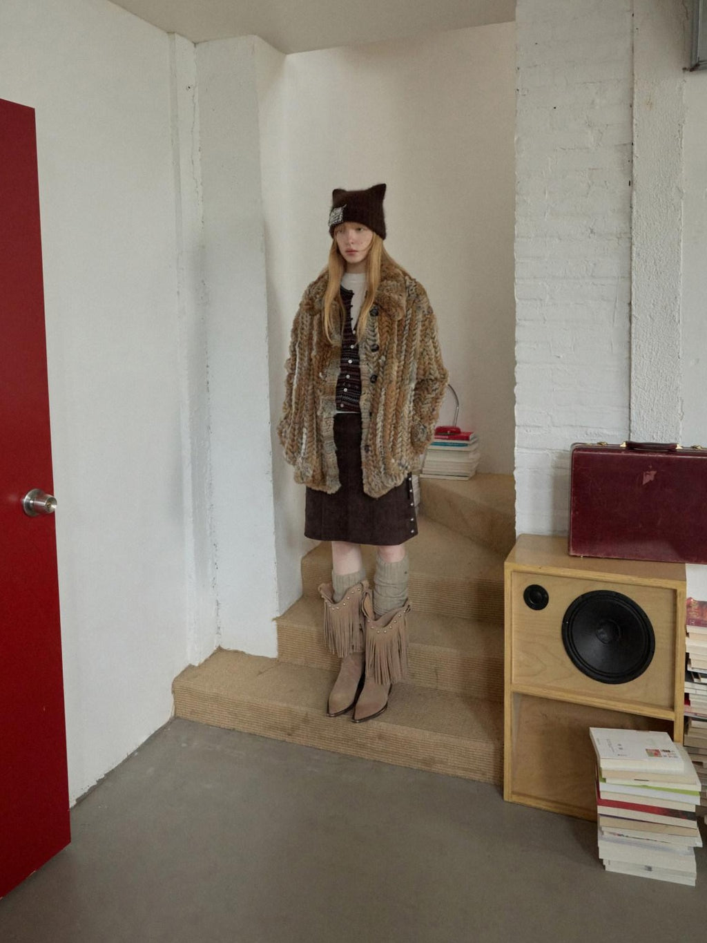 1JINN STUDIO Colorblock Woven Mid Length Round Neck American Women Outerwear Faux Fur Coats