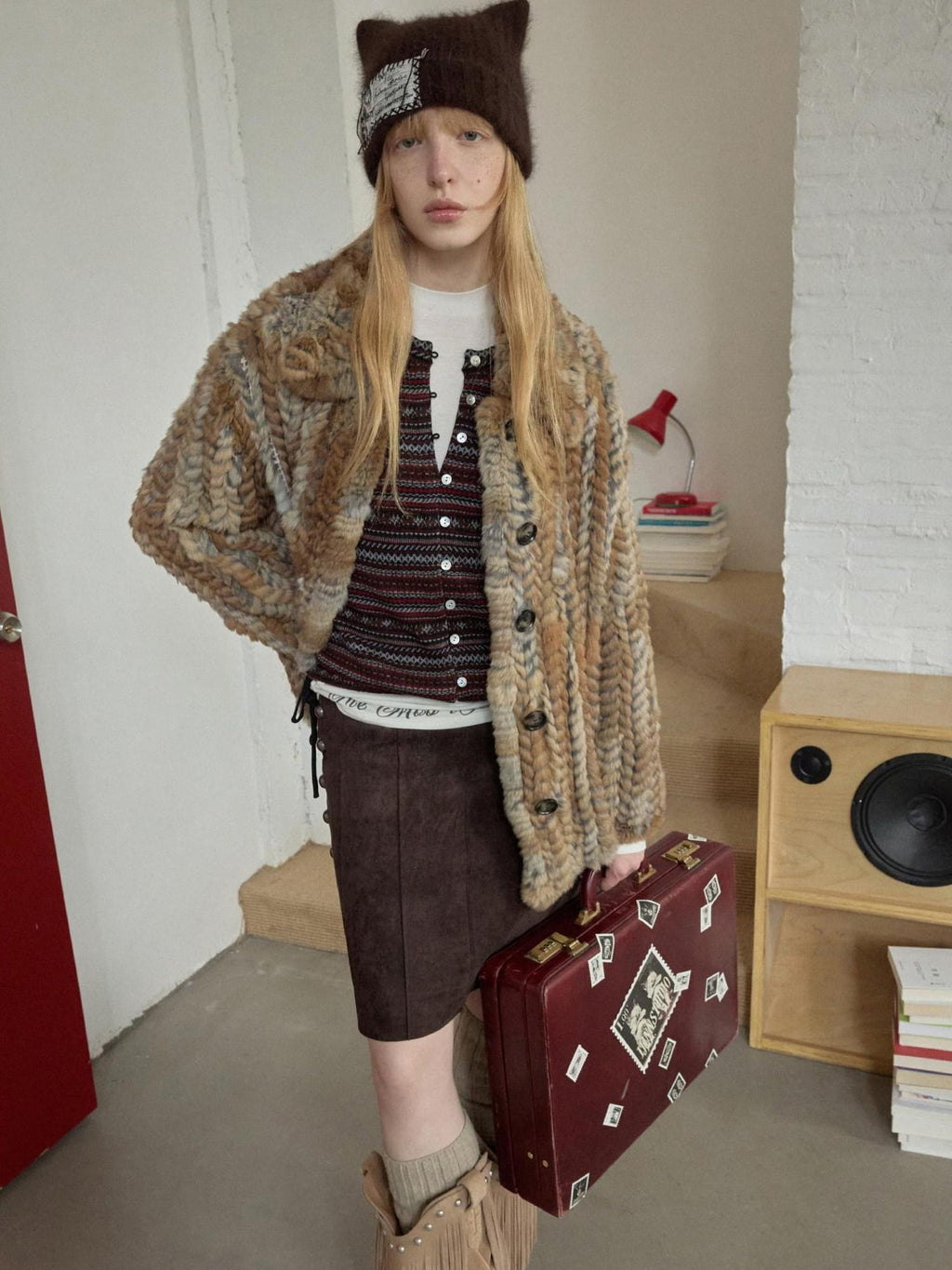 1JINN STUDIO Colorblock Woven Mid Length Round Neck American Women Outerwear Faux Fur Coats