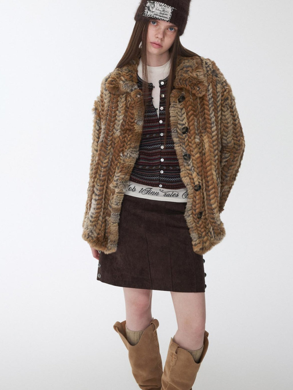 1JINN STUDIO Colorblock Woven Mid Length Round Neck American Women Outerwear Faux Fur Coats