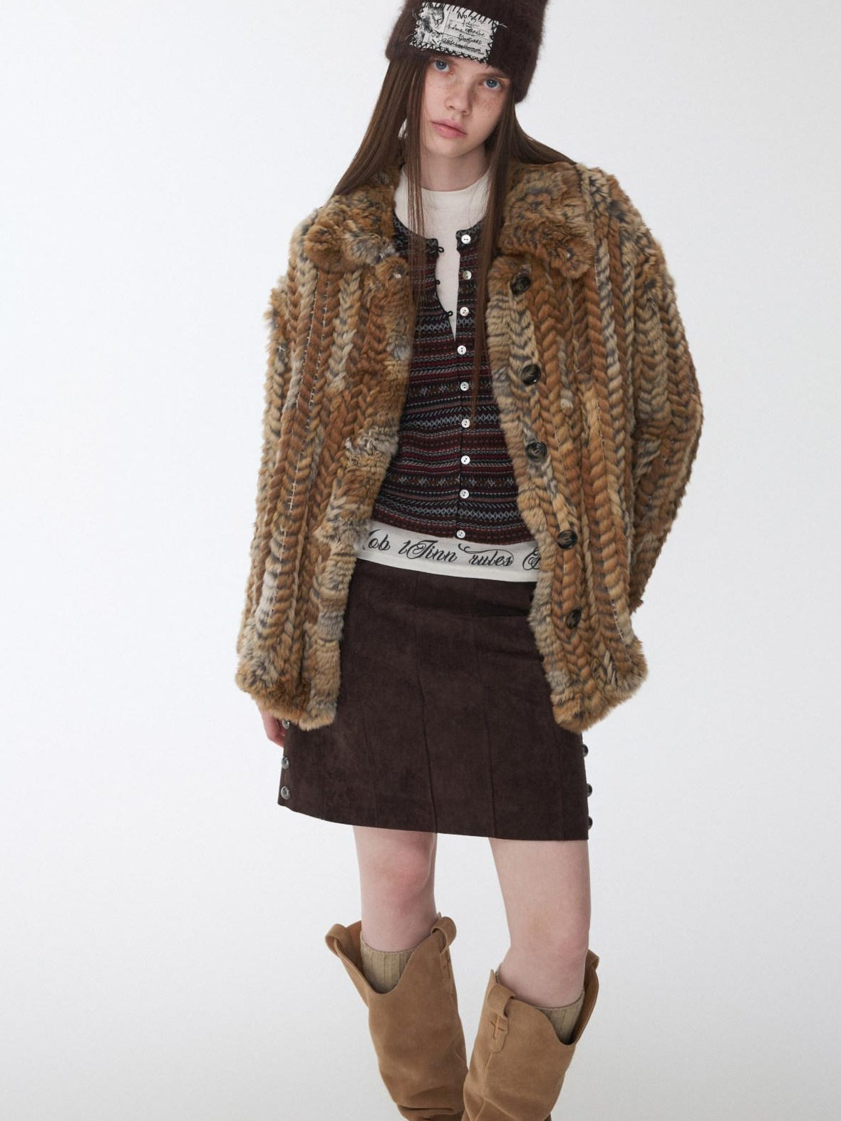 1JINN STUDIO Colorblock Woven Mid Length Round Neck American Women Outerwear Faux Fur Coats