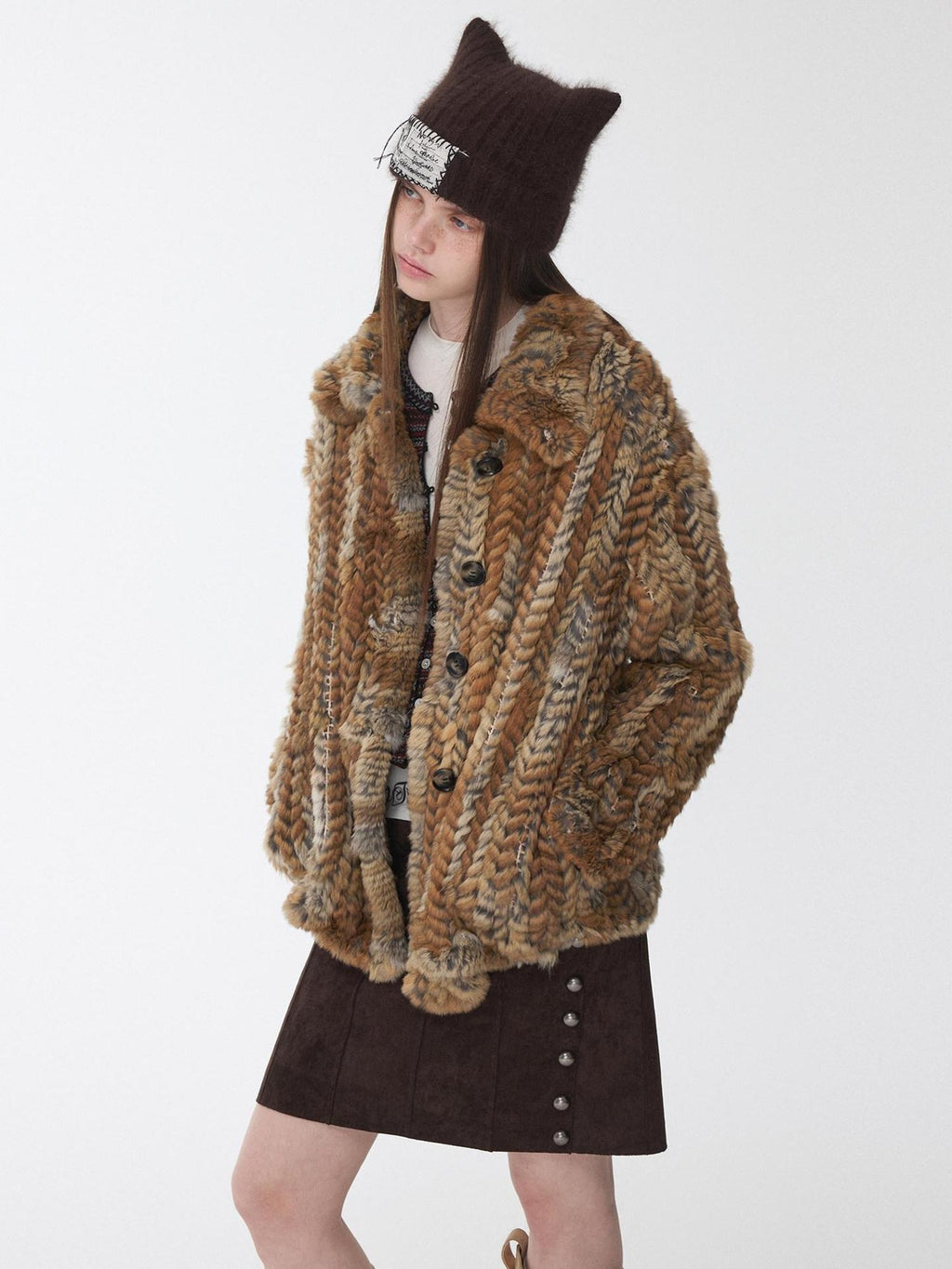1JINN STUDIO Colorblock Woven Mid Length Round Neck American Women Outerwear Faux Fur Coats