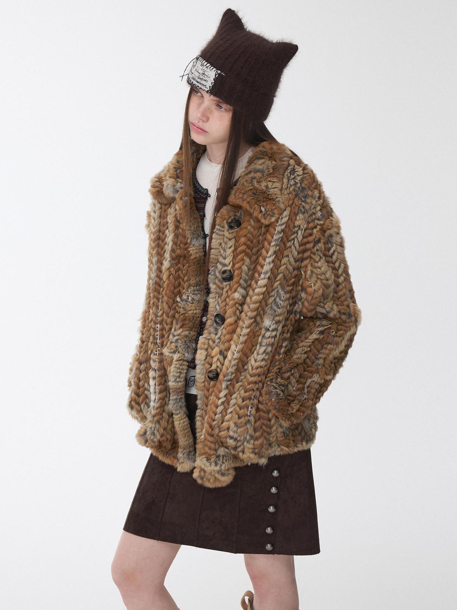1JINN STUDIO Colorblock Woven Mid Length Round Neck American Women Outerwear Faux Fur Coats