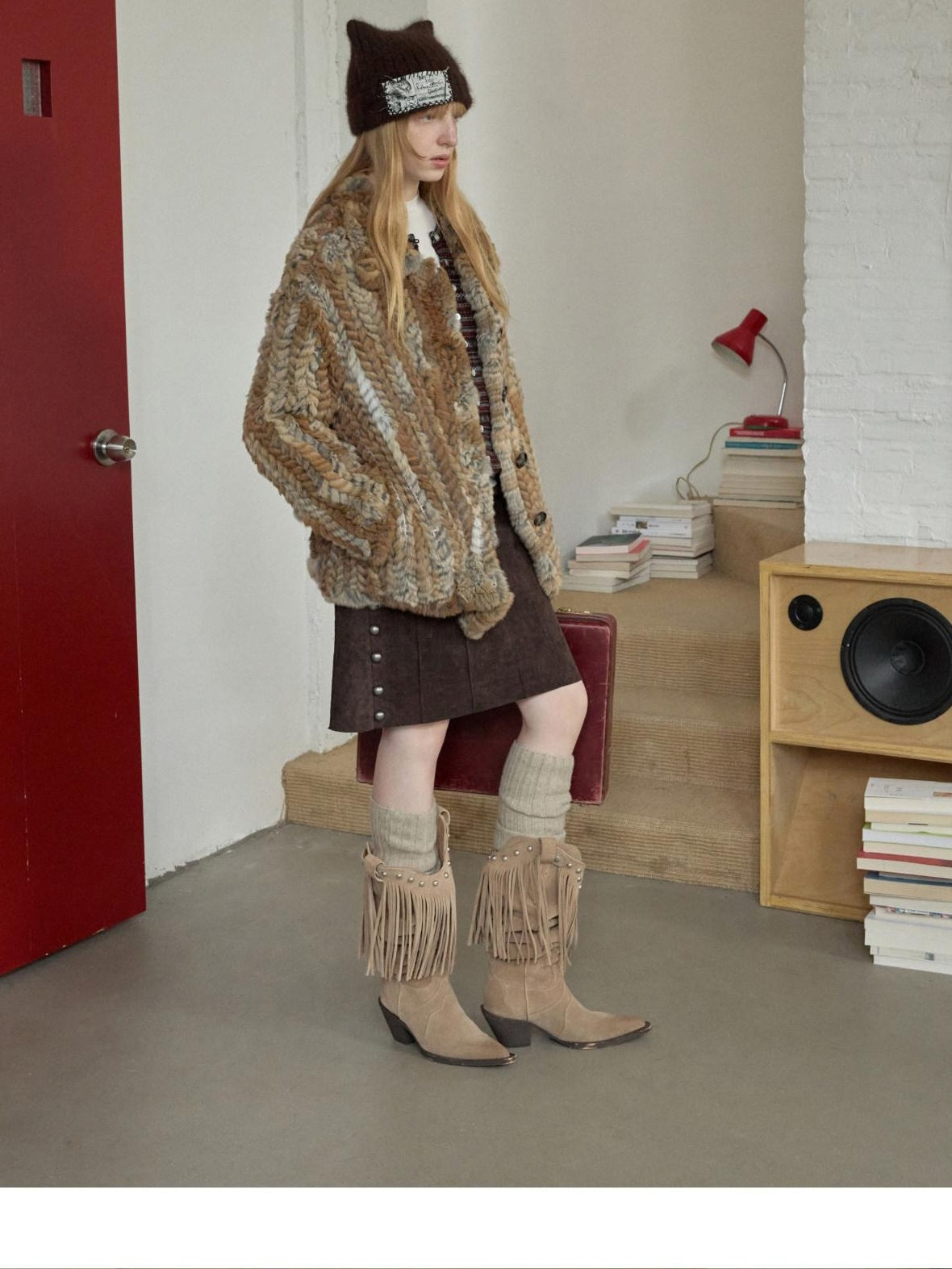 1JINN STUDIO Colorblock Woven Mid Length Round Neck American Women Outerwear Faux Fur Coats