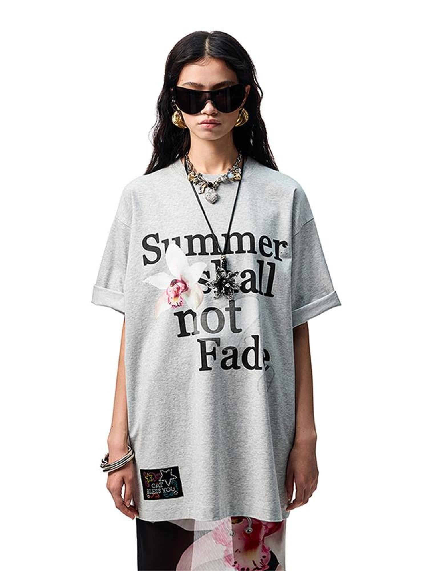 1JINN STUDIO Cotton Blend Minimal Commuter Floral Print Rhinestone Women Oversized T-Shirts