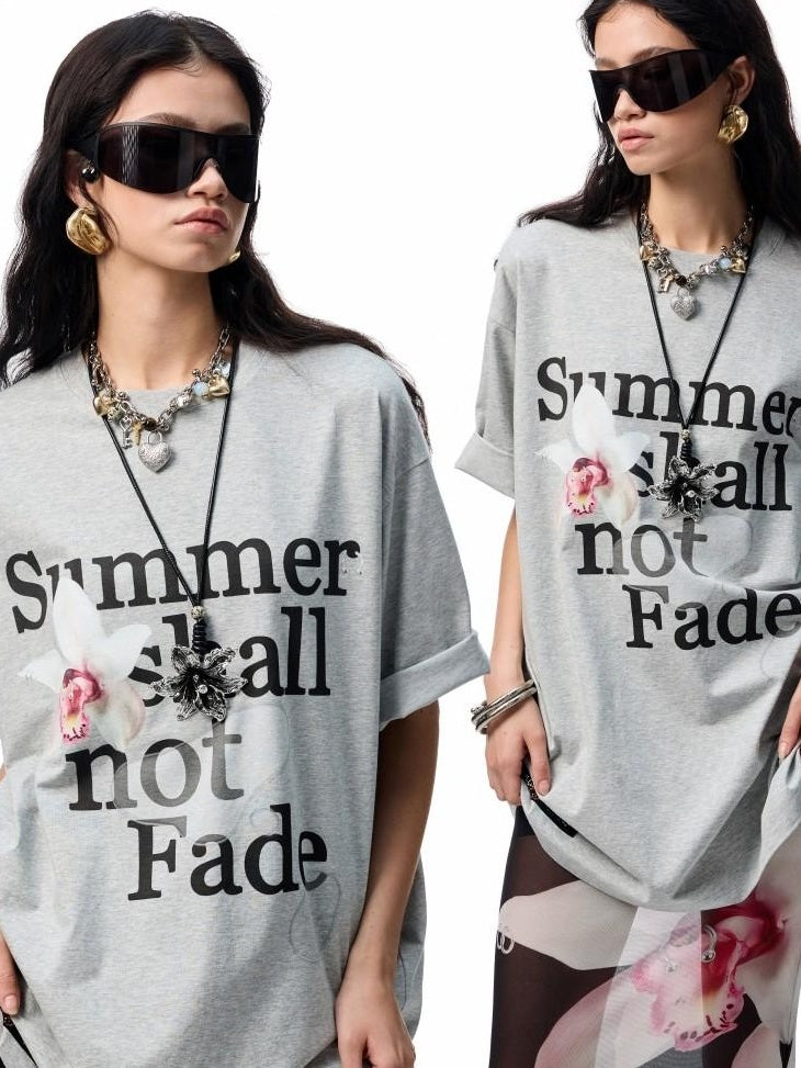 1JINN STUDIO Cotton Blend Minimal Commuter Floral Print Rhinestone Women Oversized T-Shirts