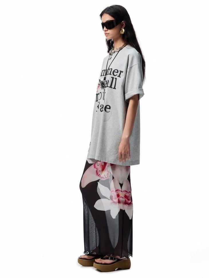 1JINN STUDIO Cotton Blend Minimal Commuter Floral Print Rhinestone Women Oversized T-Shirts