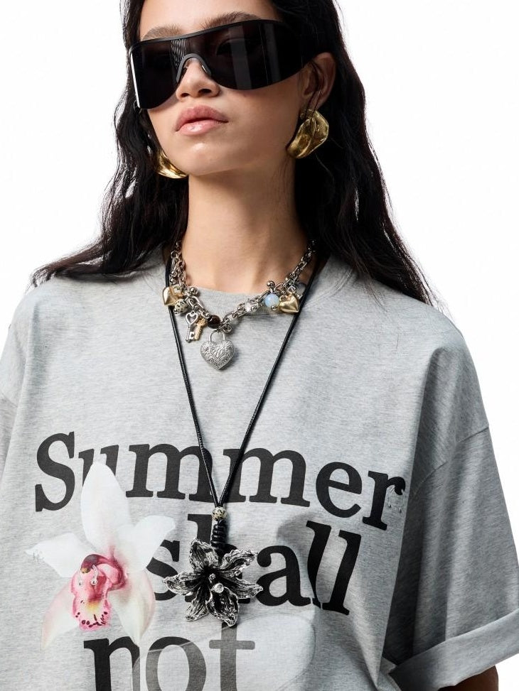 1JINN STUDIO Cotton Blend Minimal Commuter Floral Print Rhinestone Women Oversized T-Shirts