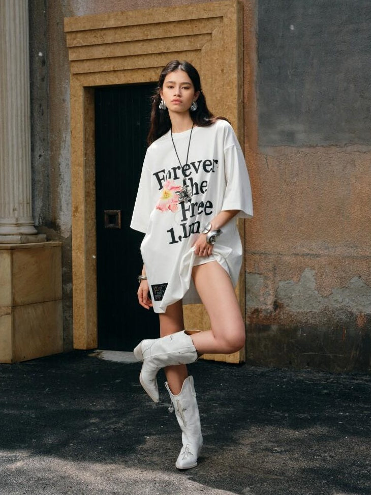 1JINN STUDIO Cotton Blend Minimal Commuter Floral Print Rhinestone Women Oversized T-Shirts