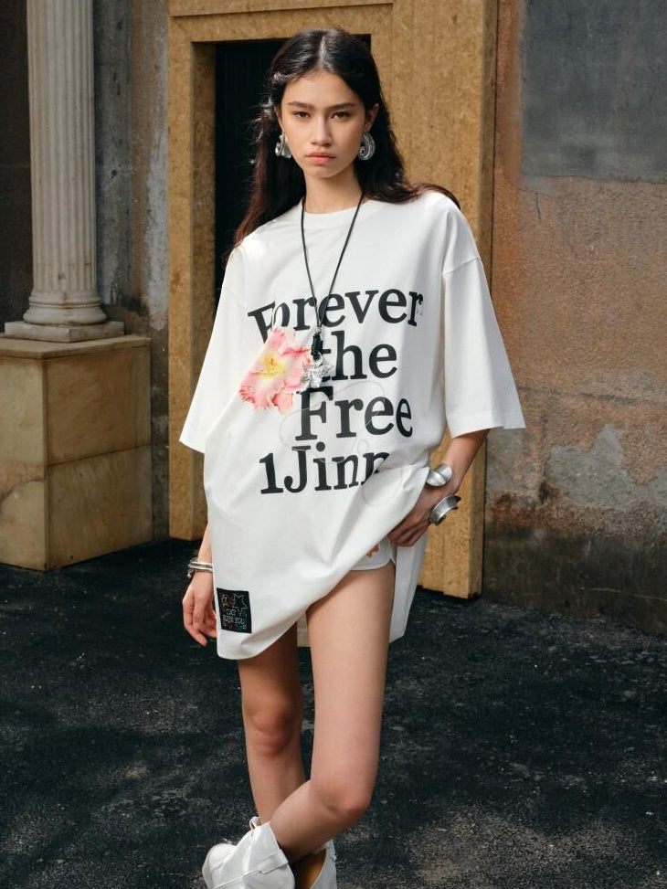 1JINN STUDIO Cotton Blend Minimal Commuter Floral Print Rhinestone Women Oversized T-Shirts