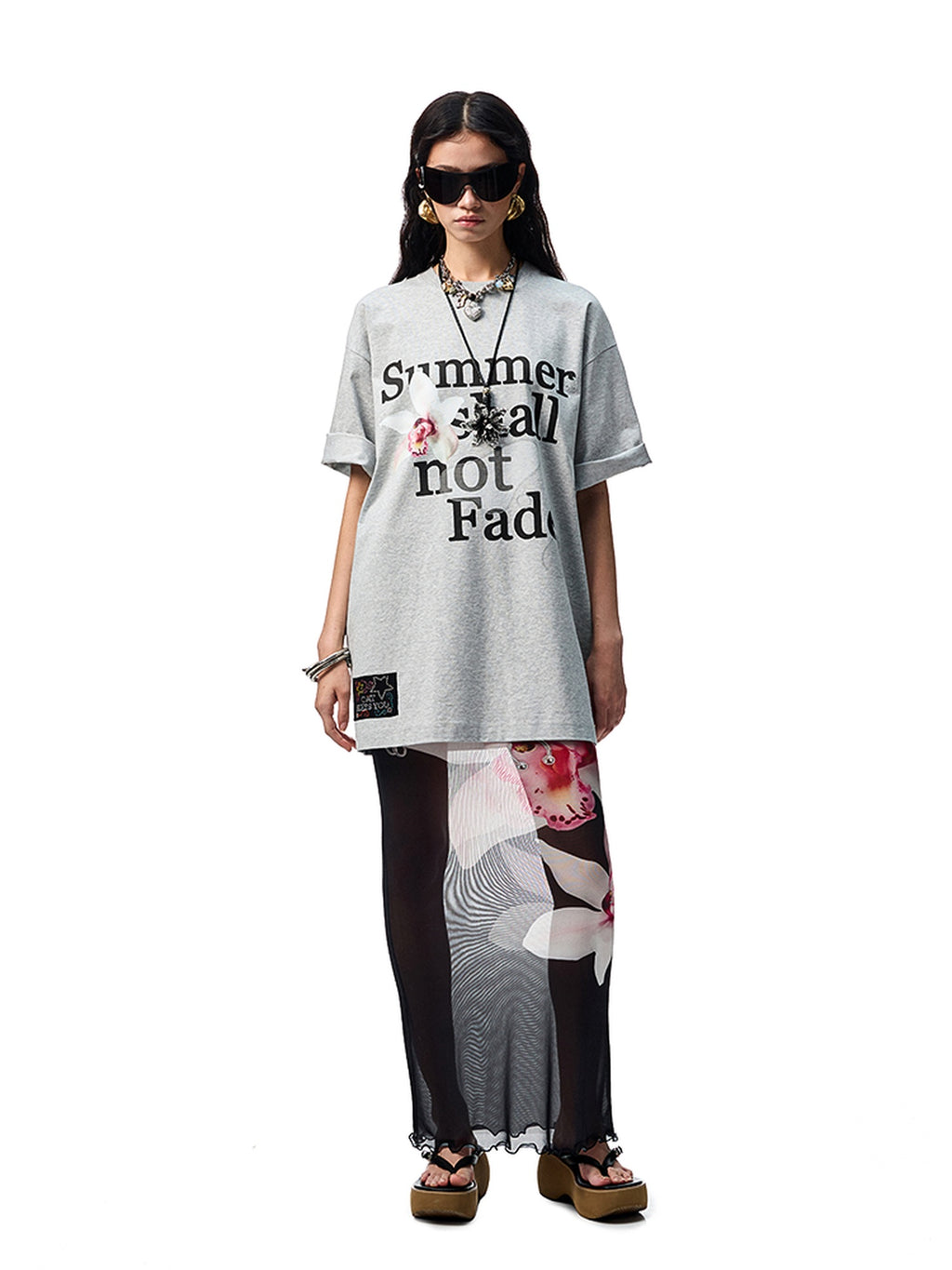 1JINN STUDIO Cotton Blend Minimal Commuter Floral Print Rhinestone Women Oversized T-Shirts