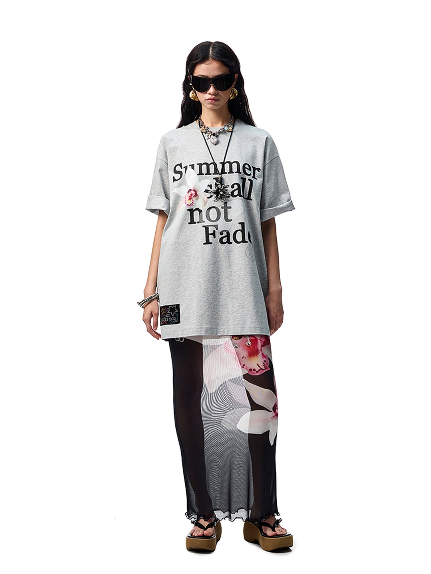 1JINN STUDIO Cotton Blend Minimal Commuter Floral Print Rhinestone Women Oversized T-Shirts