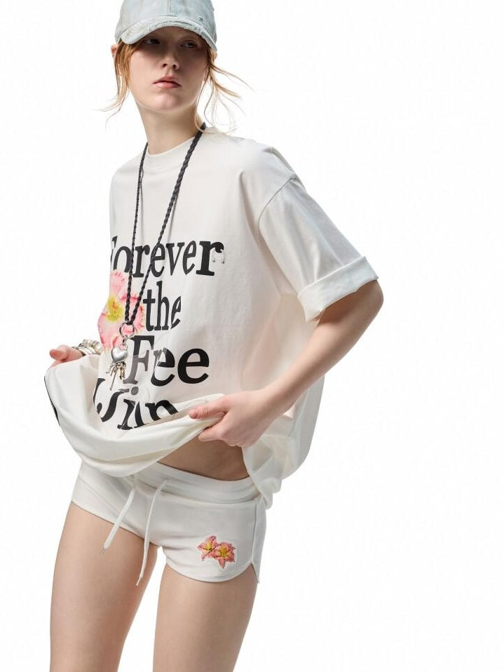 1JINN STUDIO Cotton Blend Minimal Commuter Floral Print Rhinestone Women Oversized T-Shirts