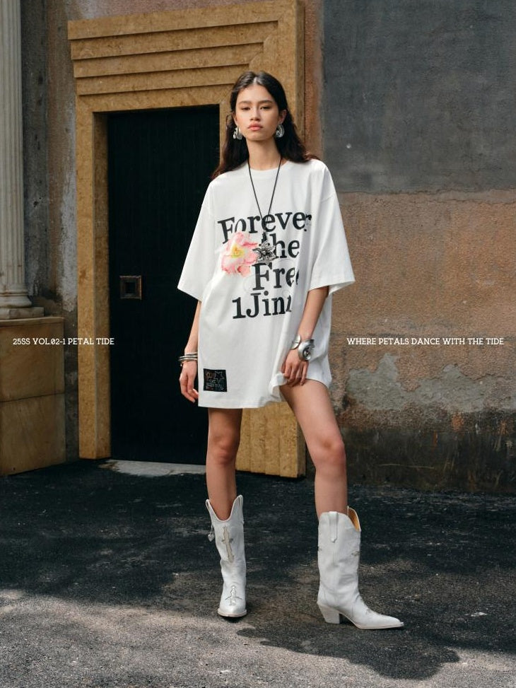 1JINN STUDIO Cotton Blend Minimal Commuter Floral Print Rhinestone Women Oversized T-Shirts