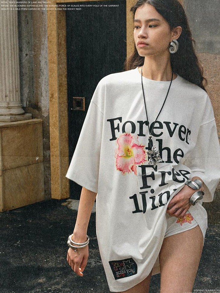 1JINN STUDIO Cotton Blend Minimal Commuter Floral Print Rhinestone Women Oversized T-Shirts