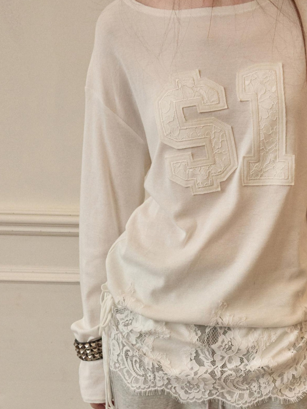 1JINN STUDIO Cotton Blend Patchwork Tie Front Casual Women Number Print Long Sleeve T-Shirts