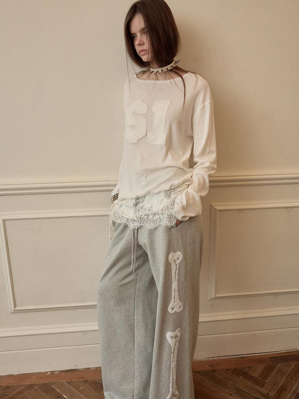 1JINN STUDIO Cotton Blend Patchwork Tie Front Casual Women Number Print Long Sleeve T-Shirts