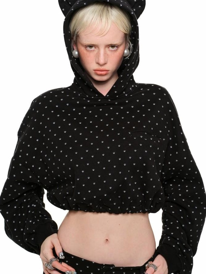 1JINN STUDIO Cotton Blend Slim Cropped Hooded Pullover Women Cartoon Commuter Hoodie