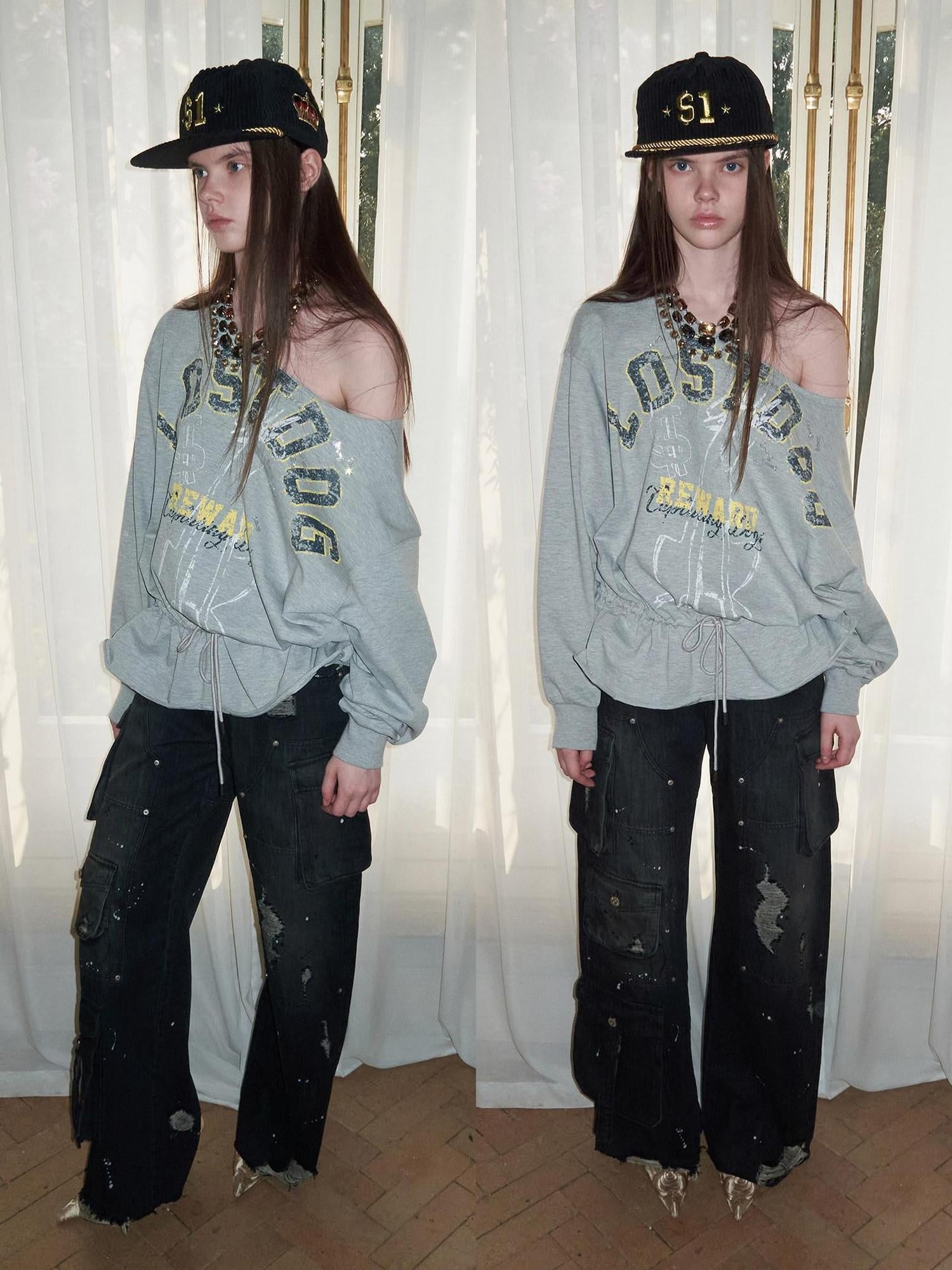 1JINN STUDIO Cotton Blend Slim Fit American Letter Print Long Sleeve Girls Sweatshirt