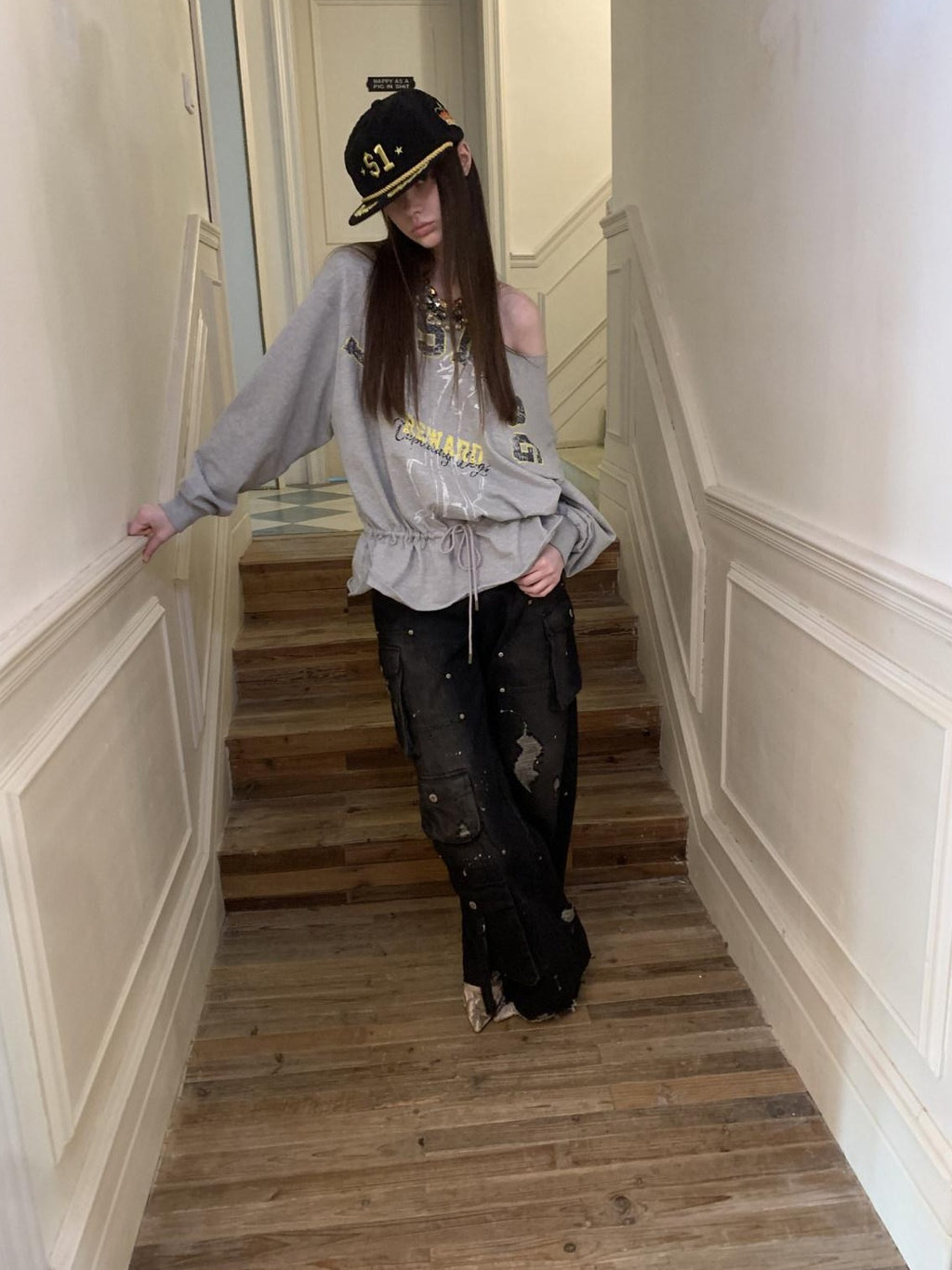 1JINN STUDIO Cotton Blend Slim Fit American Letter Print Long Sleeve Girls Sweatshirt